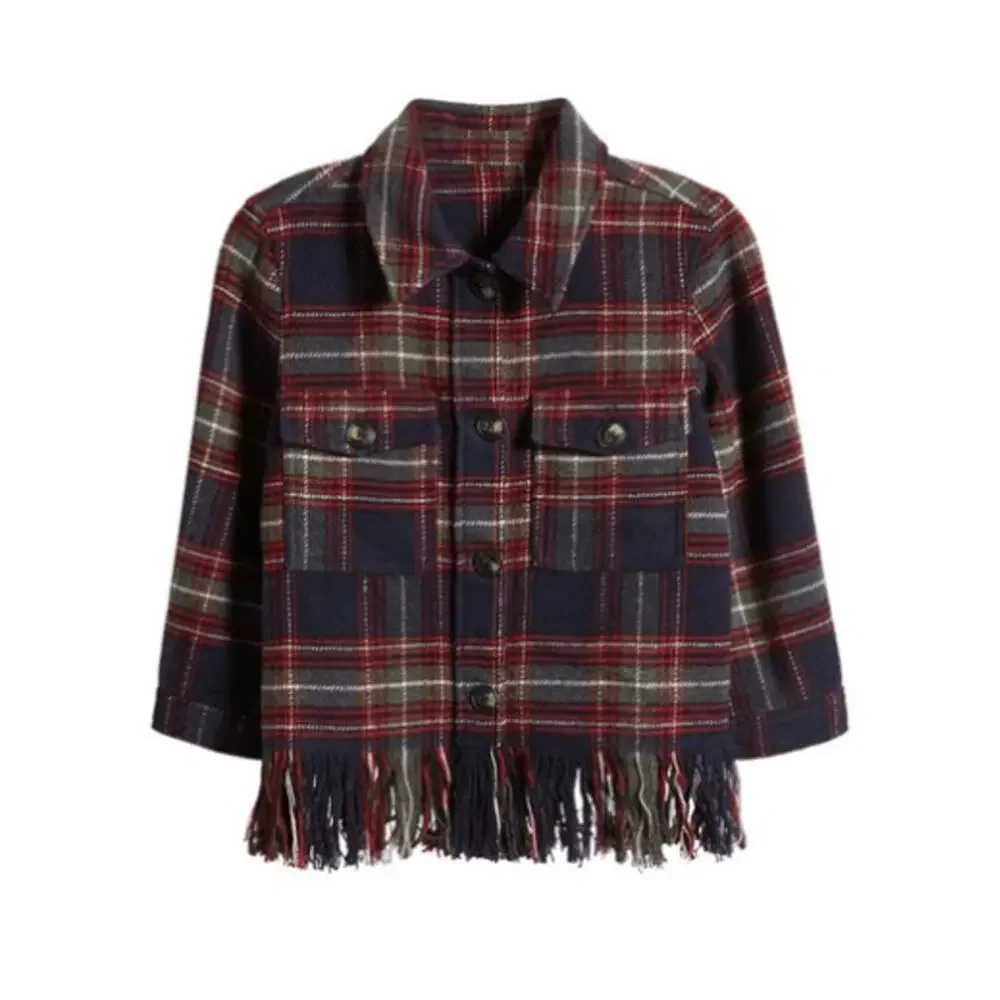New ~ FRESHMAN NORDSTROM ~ Kids' Plaid Fringe Hem Shacket Size XL 16